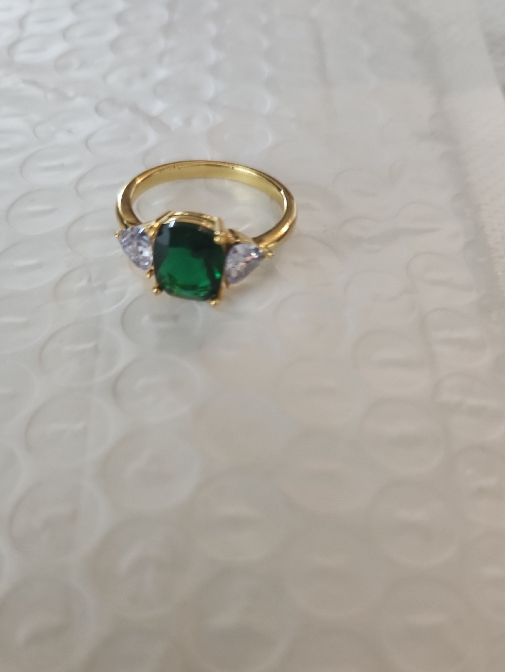 Gold Ring with Green Center Stone and Clear Side Stones - Women Jewelry